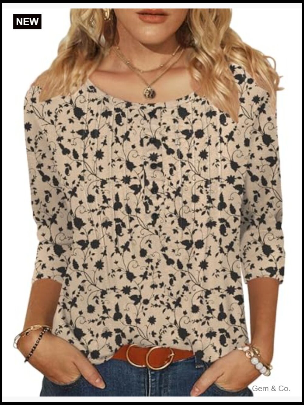 3/4 Sleeve Pleated Tunic Tops Casual Summer Tees Blouses Crew Neck Loose Fit - Picture 4 of 7